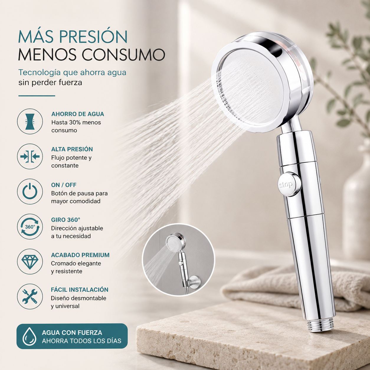 Regadera con Hélice, Cabezal de Ducha de Mano Turboalimentado de Alta Presión