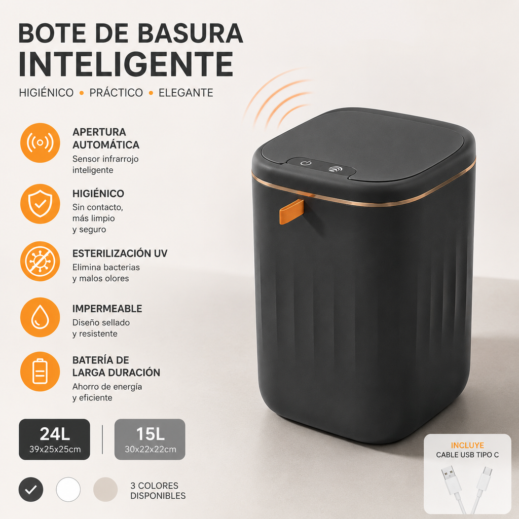 Bote de basura inteligente con tapa para dormitorio y sala, caja de almacenamiento para cocina, bote de basura con inducción, caja pequeña. 15 x 30 cm