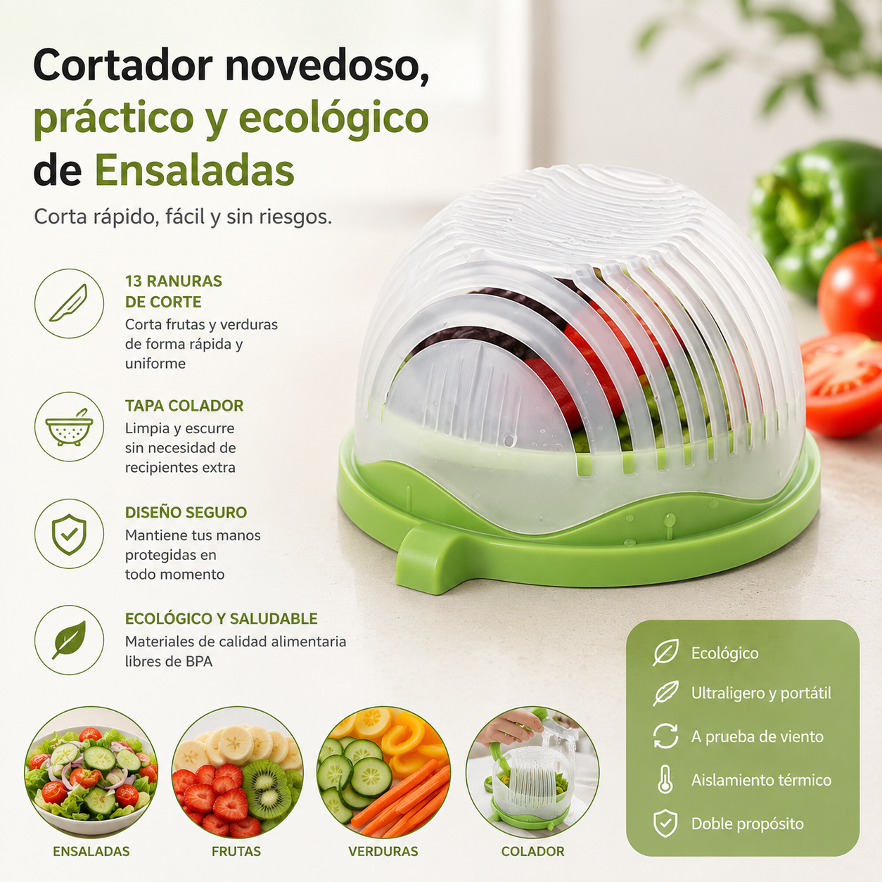 Cortador y colador novedoso, práctico y ecológico de Ensaladas, Frutas y Verduras