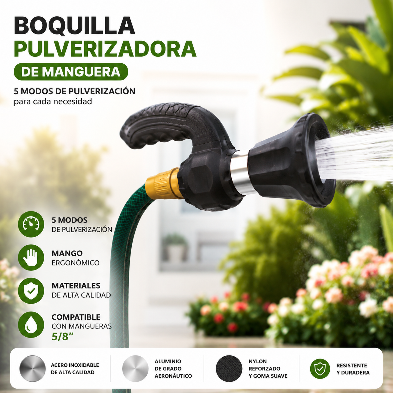 Poderosa  Boquilla Pulverizadora de Manguera para Césped, Jardín y Lavado de Autos