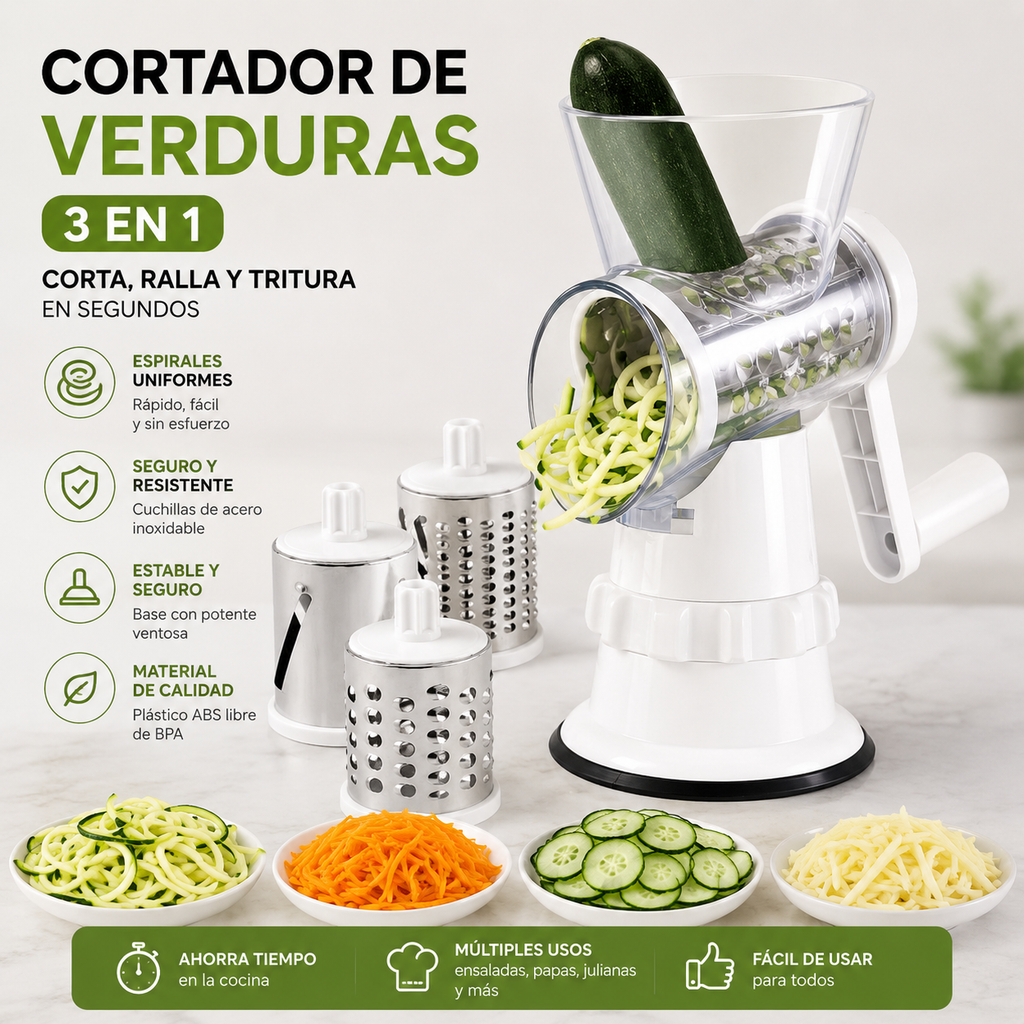 Rayadora fácil de cocina manual 3 en 1 para cortar verduras, rallador para vegetales, picador redondo, desmenuzador de papas.