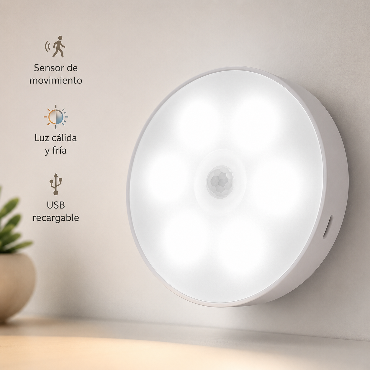 Lámpara LED redonda inalámbrica recargable con sensor de movimiento