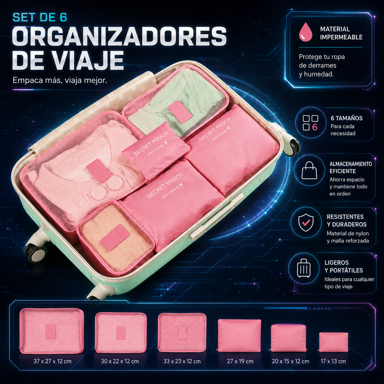paquete de 6 bolsas organizadoras de viaje con diseño para maleta .